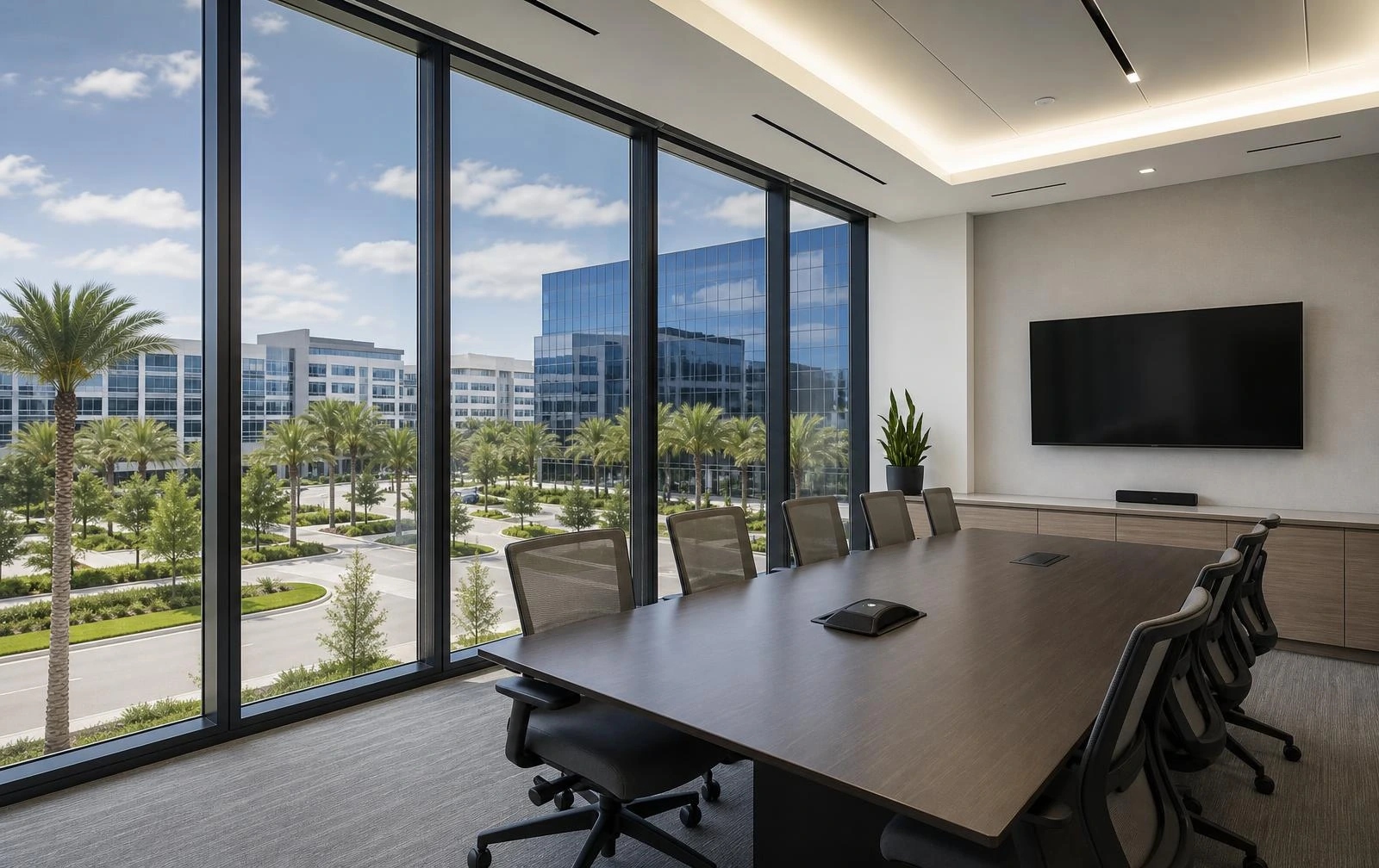 The identical conference room with neutral commercial window film on the glass: balanced daylight, reduced glare and a clearer view of the Central Florida office park