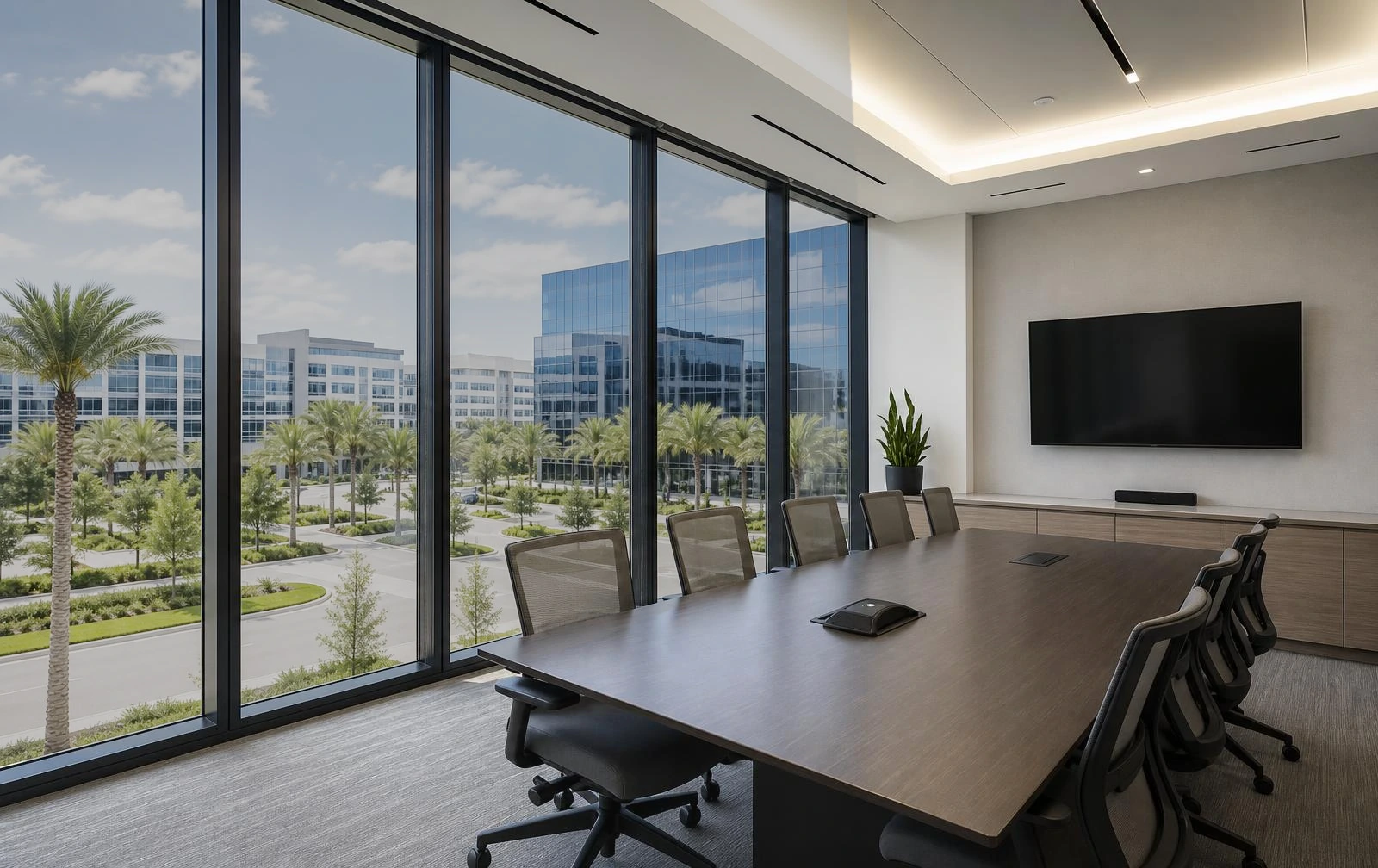 Interior of a modern office conference room looking out through untreated floor-to-ceiling glass, with strong glare and washed-out exterior highlights